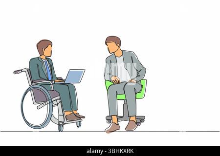 Single one line drawing employee with disabilities and inclusion work together in office. Disabled people on wheelchair with coworker sit communicate Stock Vector