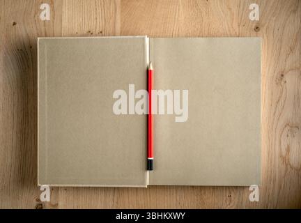A pencil is sitting in the middle of an open book. The pencil is red and the book is light brown. The scene suggests a moment of contemplation or refl Stock Photo