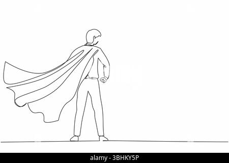 Single continuous line drawing superhero in cloak flutters in the wind. Stands with his back. Successful businessman hero. Business success, leadershi Stock Vector