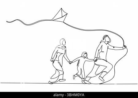 Single continuous line drawing happy Arabian family running with flying kite. Mother, father and son launching kite. Outdoor recreational activities. Stock Vector