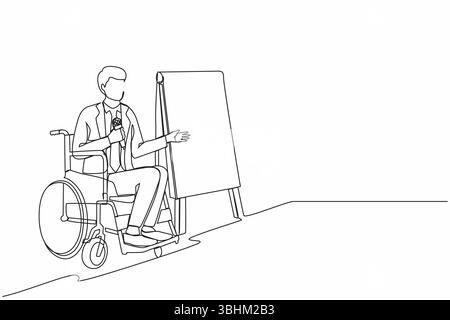 Single one line drawing young businessman on wheelchair using microphone, presentation of infographics on flip chart at weekly office report meeting. Stock Vector