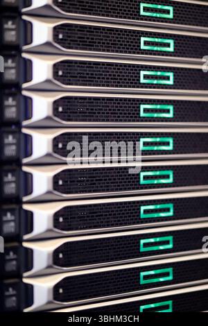 Cloud data storage server rack close up. Selective focus. Stock Photo