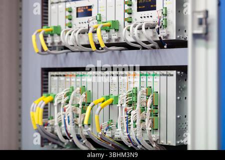 Industrial modular rack mounted control automation system close up. Selective focus. Stock Photo