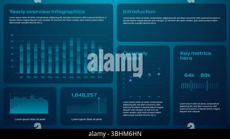 Technology business grid layout ui infographics template with graphs and charts. Professional data visualization suitable for startup or other tech Stock Vector