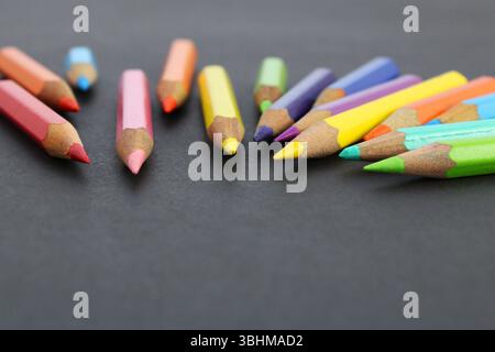 Wooden pencils in different colors and sizes Stock Photo