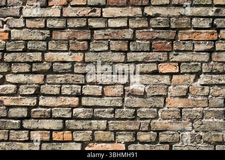 Old brick wall background. Vintage red and gray stone texture. Grungy weathered surface. Exterior structure facade. Historic rustic design. Stock Photo