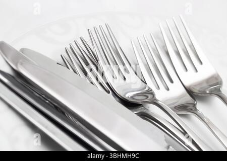 Shiny silver cutlery set. Forks and knives on plate. Elegant dining closeup. Stainless steel utensils. Minimalist monochrome tableware. Stock Photo