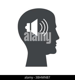 Black icon loud music head. Flat illustration. Stock Vector