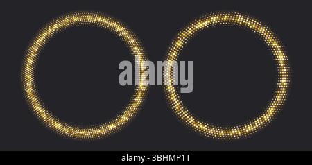 Golden halftone frames, glowing circle borders, round pattern with dots, radial disco luxury design element. Stock Vector