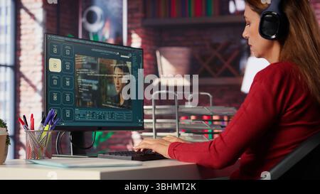 Software developer at home office coding on desktop using AI powered script, building an interface and implementing programming language algorithms. Engineer uses text to code. Camera A. Stock Photo