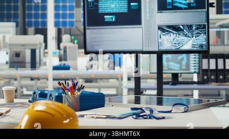 Research and development photovoltaics factory office used to oversee performance of robot arms placing solar panels on assembly lines. Panning shot of empty facility floor with solar plant machinery Stock Photo