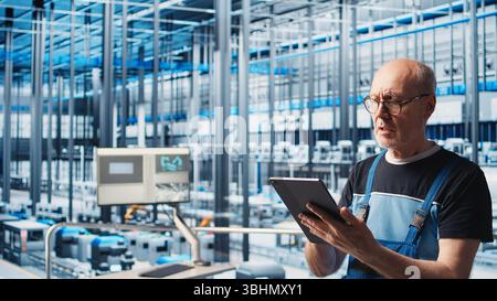 Elderly senior engineer in smart solar panels manufacturing factory uses software on tablet to maximize power generation. Experienced professional overseeing industry 4.0 photovoltaics plant, camera A Stock Photo