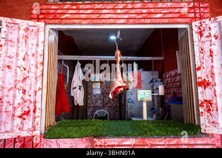 Meat hanging the window of a butchers shop in Skoura, Ahl El Oust, Province, Morocco. Stock Photo