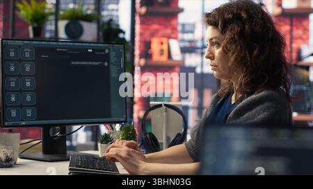 Female freelancer uses online AI assistant to automate text generation and solve tasks easily, enhance productivity at the office. Integration of advanced algorithms and digital tools. Camera B. Stock Photo
