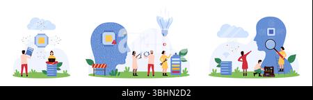 Work with AI mind set. Tiny people repair light bulb and CPU connection inside big virtual assistants head, study circuit and microchip in brain with magnifying glass cartoon vector illustration Stock Vector