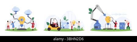 Creation of innovation, digital tech projects with AI help set. Tiny people and robotic arm building light bulb, analyze quality and value of idea with magnifying glass cartoon vector illustration Stock Vector