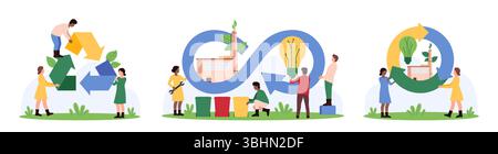 Circular economy, waste management, sustainable technology to recycle and reuse materials set. Tiny people holding infinity and recycle signs with factory and leaf inside cartoon vector illustration Stock Vector