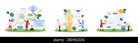Financial analytics with AI help, economic growth analysis set. Tiny people with light bulb and calculator study up graph arrow, robot holding gear and report of pie chart cartoon vector illustration Stock Vector