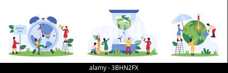 Earth day, awareness of climate warming due to CO2 emissions set. Tiny people with megaphone warning about dangers of carbon pollution of planet, protect environment cartoon vector illustration Stock Vector