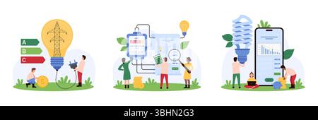 Saving electricity set. Tiny people rate consumption in energy efficiency chart, save electricity by using fluorescent light bulb, study bill with magnifying glass cartoon vector illustration Stock Vector