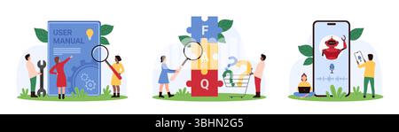Customer service, answers to questions, support of AI set. Tiny people study FAQ word on cubes, User Manual book with magnifying glass, talk to chat bot via voice messages cartoon vector illustration Stock Vector