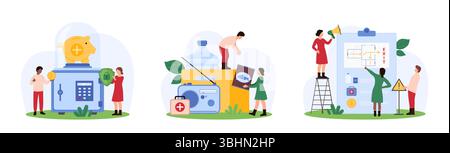 Emergency fund, medical aid and evacuation plan in cases of accident or natural disaster set. Tiny people save money for unexpected expenses, pack necessary things and food cartoon vector illustration Stock Vector
