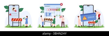 Blocked content and account, restriction set. Tiny people holding warning message of cyber security system about software and mobile app error, broken key to closed lock cartoon vector illustration Stock Vector