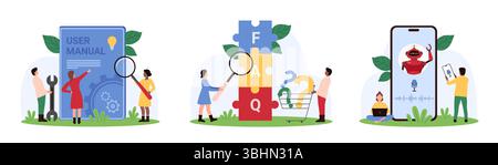 Customer service, answers to questions, support of AI set. Tiny people study FAQ word on cubes, User Manual book with magnifying glass, talk to chat b Stock Vector