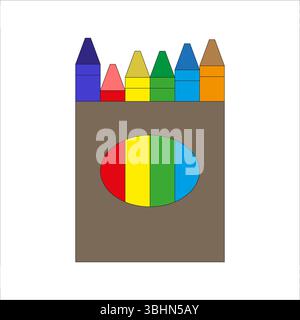 Crayons set icon. Color pencil symbol. Brown box holder. Vector crayons illustration. Stock Vector