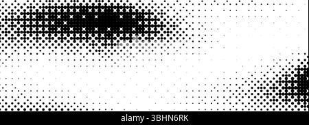 Pixelated bitmap texture cover. Black dithered pattern wallpaper. Abstract glitch gradient pattern. Wide rasterized halftone screen backdrop. 8 bit video game background. Vector overlay Stock Vector
