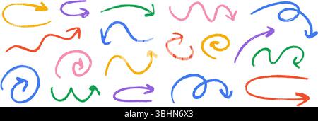Hand drawn crayon wavy arrow collection. Colored curved, wiggle and squiggle doodled arrows set. Charcoal sketch pointer and direction lines. Vector pastel pencil, chalk or marker brush strokes Stock Vector