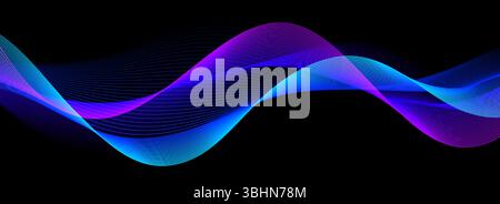 Blue purple neon sound wave on black background. Abstract flowing wavy dot line design for ai concept, equalizer, audio record, voice assistant. Vector glowing gradient dashed curve stripe wallpaper Stock Vector