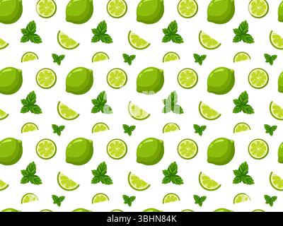 Seamless pattern with limes and mint leaves on white background. Cartoon vector background Stock Vector