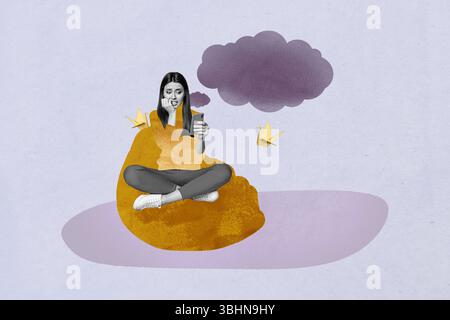 Poster trend collage of person sit use gadget with origami birds cloud on purple background Stock Photo