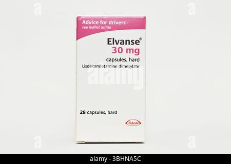 Lisdexamfetamine, sold under the brand name Elvanse, is a stimulant medication that is used as a treatment for attention deficit hyperactivity disorder (ADHD) in children and adults and for moderate-to-severe binge eating disorder in adults. The medication improves the activity of certain parts of the brain which are under-active which can help improve attention, concentration and reduce impulsive behaviour. Stock Photo