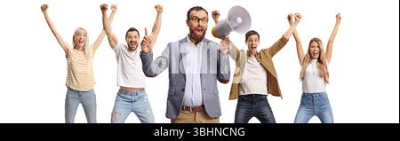 People in excitement cheering and shouting with a megaphone isolated on white background Stock Photo
