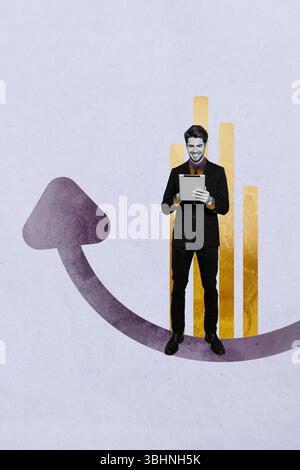 Poster trend collage of person stand use gadget arrows with charts graphs on purple background Stock Photo