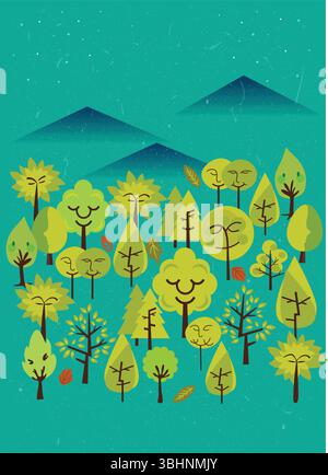 Illustration of a whimsical forest with smiling trees and distant mountains. Stock Vector
