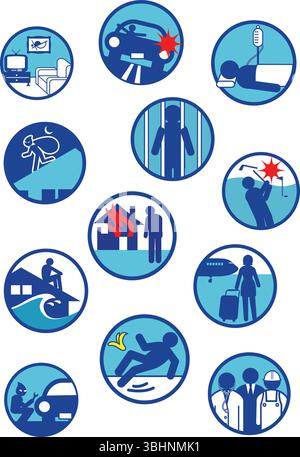 Set of icons represent various concepts such as personal protective equipment, fire safety, slip and fall prevention, transportation safety, ergonomic Stock Vector