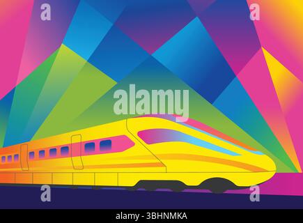 A modern train set against a backdrop of colorful geometric shapes. The train, predominantly yellow with hints of pink and green, is depicted in motio Stock Vector