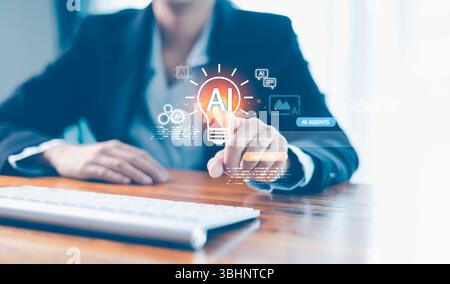 AI agent generate. user pointing virtual AI lightbulb icon with Generate button, command prompt bar, symbolizing generative AI, idea creation, smart a Stock Photo