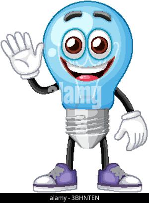 A vibrant vector illustration of a smiling light bulb character waving, featuring bright colors and a playful cartoon style Stock Vector