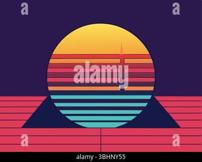 A digital artwork featuring a stylized sunset with horizontal lines and geometric shapes, using vibrant colors like orange, red, and blue against a da Stock Vector