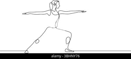 woman exercising yoga pose virabhadrasana, warrior one line drawing continuous contour handdrawn Stock Vector