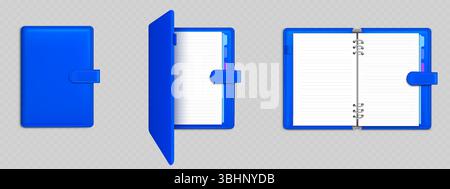 Ring binder notebook folder with blue leather cover and dividers mockup set - closed and open organizers with metal spiral binding. Realistic 3d stationery templates for corporate identity design. Stock Vector