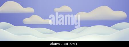 3D fluffy white clouds on blue sky background. Vector realistic illustration of snowy winter hills, seamless panorama of xmas landscape, plasticine heavenly cloudscape, beautiful natural background Stock Vector