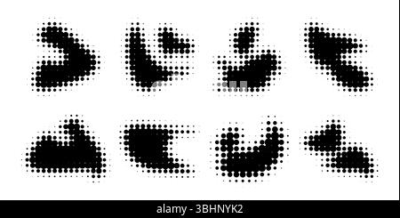 Set of black halftone blob shapes, ink stain silhouettes isolated on white background. Dotted grunge textures, rough spray spots. Distressed splatter and blotch effect. Abstract vector illustration. Stock Vector