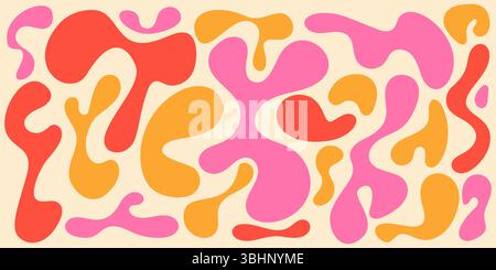 Funky liquid shapes seamless pattern - abstract colorful blobs, drops and splashes forms in psychedelic 60s style on groovy background. Wavy trippy colour curves, fluid retro design texture. Stock Vector