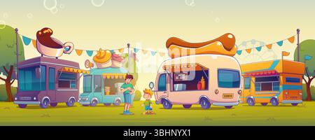 Cartoon food truck street with kids opening soda can - friends stand between colorful mobile vendors topped with coffee cup, ice cream, hot dog decorations. Festival scene with fastfood caravans. Stock Vector