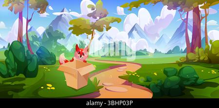Forest scene with curious fox looking inside open cardboard box on grassy meadow, winding path through trees and bushes leading to mountains. Whimsical nature landscape for children stories, game bg. Stock Vector